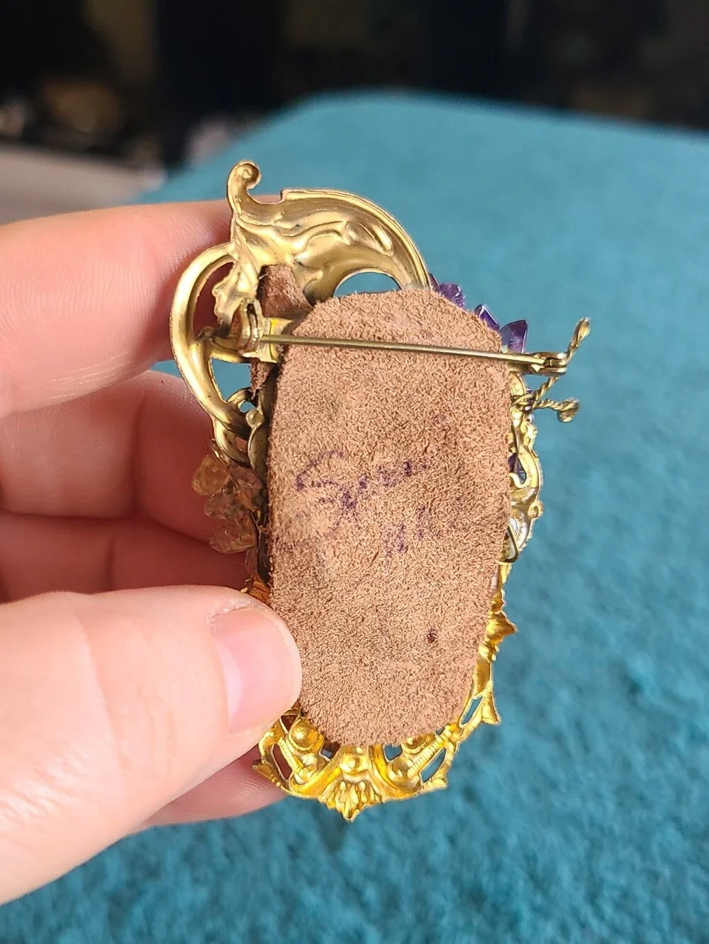 Hand Crafted Gold-Tone Brooch with Deep Purple Cabochon and Amethyst Chips